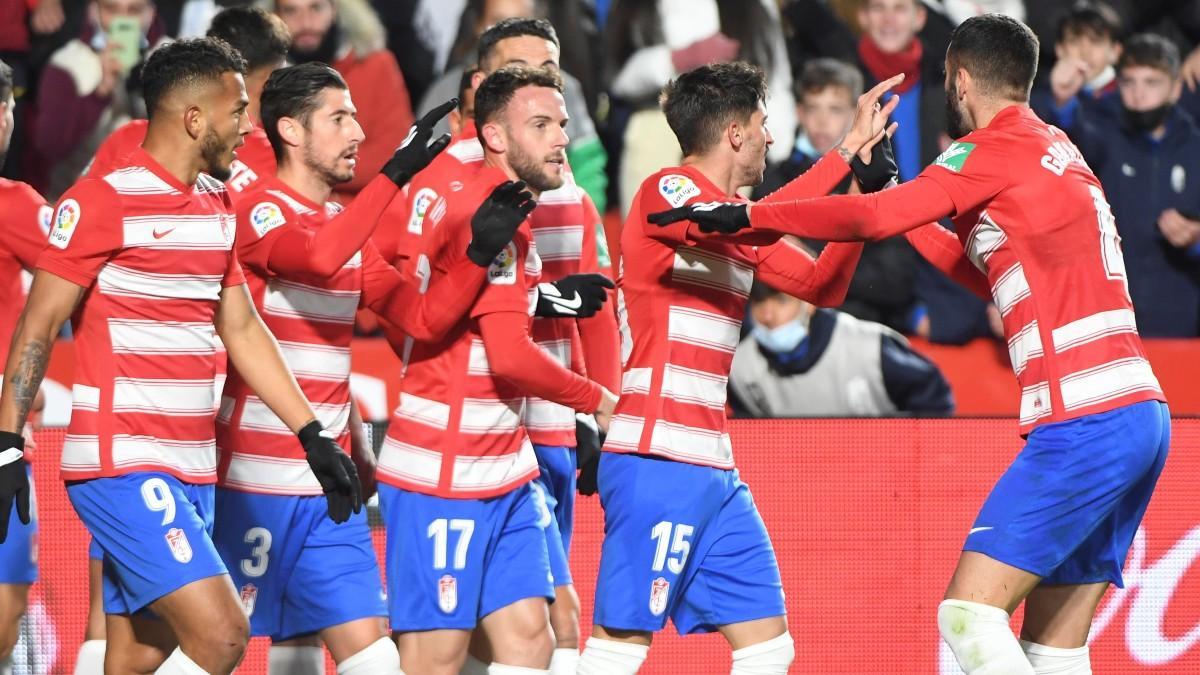 Los jugadores del Granada celebran el gol de Antonio Puertas al Alavés