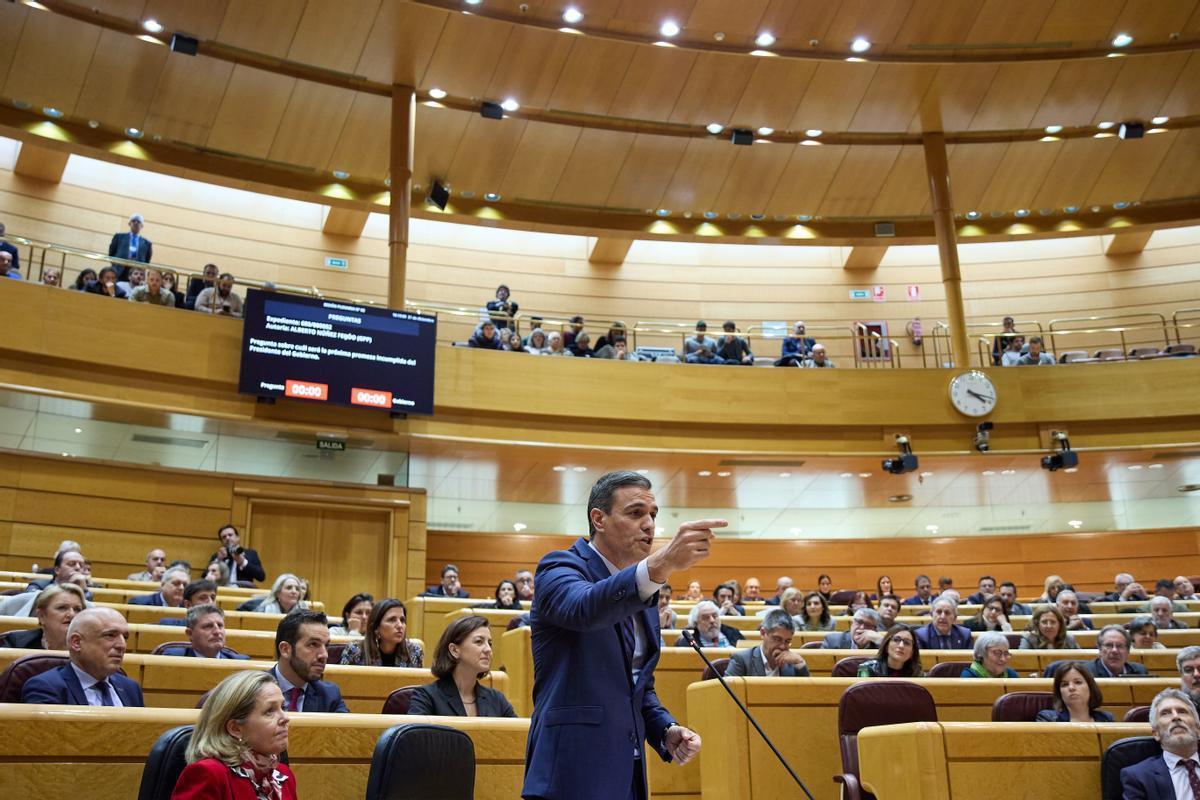 El presidente del Gobierno, Pedro Sánchez, este miércoles, en la sesión de control en el Senado.