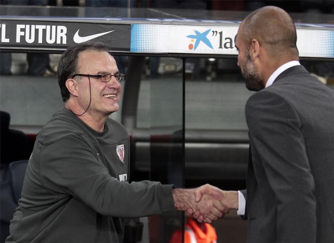 Pep Guardiola y Marcelo Bielsa, en su etapa en Barcelona y Athletic Club, respectivamente Pep Guardiola y Marcelo Bielsa, en su etapa en Barcelona y Athletic Club, respectivamente