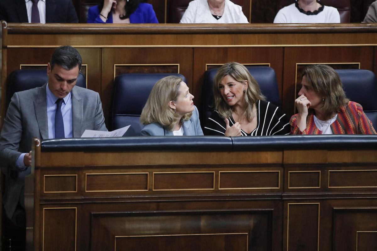 Pedro Sánchez, Nadia Calviño, Yolanda Díaz y Teresa Ribera. Pedro Sánchez, Nadia Calviño, Yolanda Díaz y Teresa Ribera.