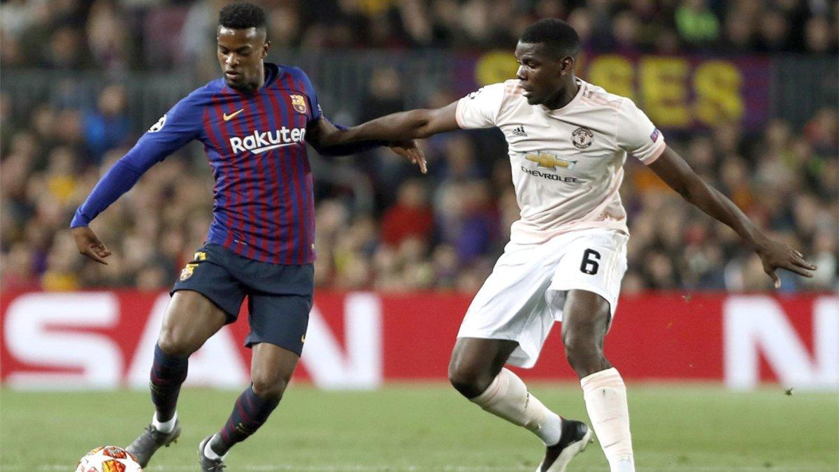 Nelson Semedo y Paul Pogba en el Barça-Manchester United de la Champions 2018/19