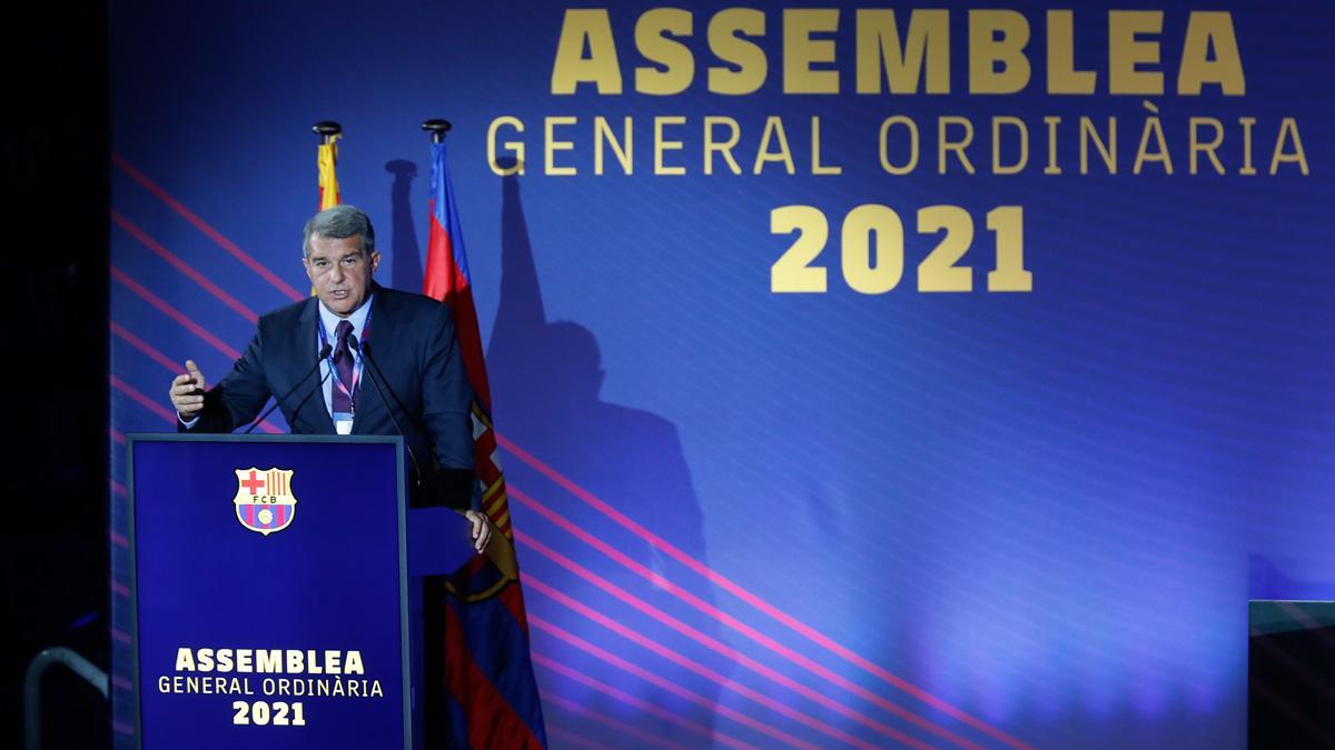 El presidente Joan Laporta, en la Asamblea General Ordinaria de 2021