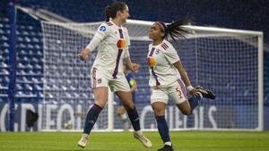 Las jugadoras del Olympique de Lyon celebrando un gol en la Liga de Campeones