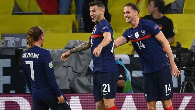 Griezmann, Lucas y Rabiot, celebrando el 1-0 Griezmann, Lucas y Rabiot, celebrando el 1-0