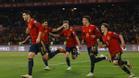 Morata celebra el gol de la victoria de España ante Suecia