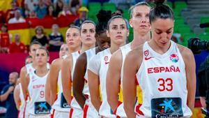 Las jugadoras de la selección española de baloncesto, antes de un partido