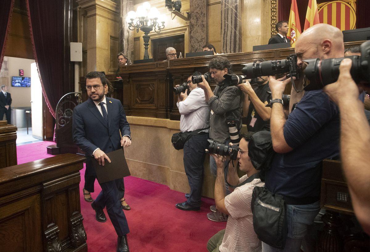 El president de la Generalitat, Pere Aragonès, este viernes el Parlament.