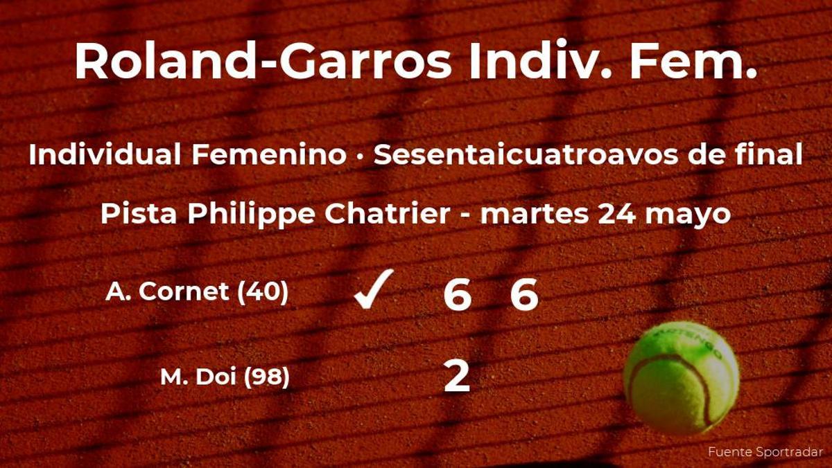 La tenista Alize Cornet pasa a la próxima ronda de Roland-Garros tras vencer en los sesentaicuatroavos de final
