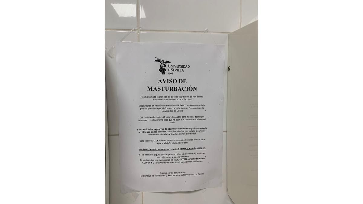 El supuesto Aviso de masturbación de la Universidad de Sevilla que ya es viral en redes El supuesto Aviso de masturbación de la Universidad de Sevilla que ya es viral en redes