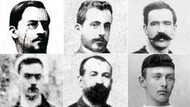 Arriba, de izquierda a derecha: Walter Wild, Bartomeu Terradas y Arthur Witty. Abajo, mismo orden: Juli Marial, Vicente Reig y Hans Gamper Arriba, de izquierda a derecha: Walter Wild, Bartomeu Terradas y Arthur Witty. Abajo, mismo orden: Juli Marial, Vicente Reig y Hans Gamper