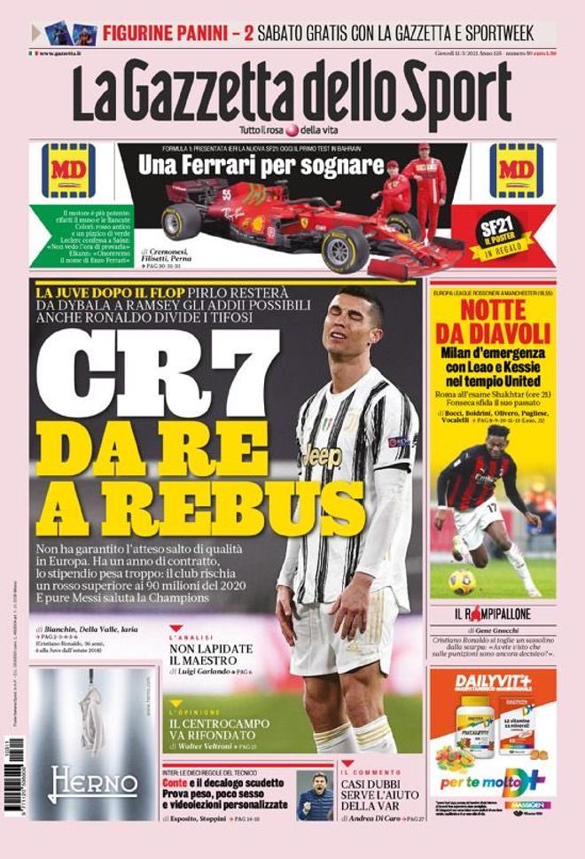 La portada de La Gazzetta dello Sport del 11/03/21