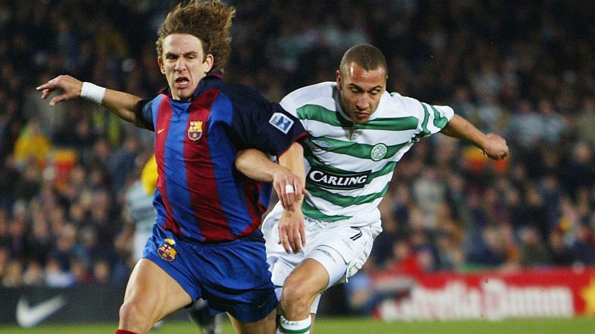 Carles Puyol y Henrik Larsson en el duelo ante el Celtic en la Copa de la Uefa 03/04