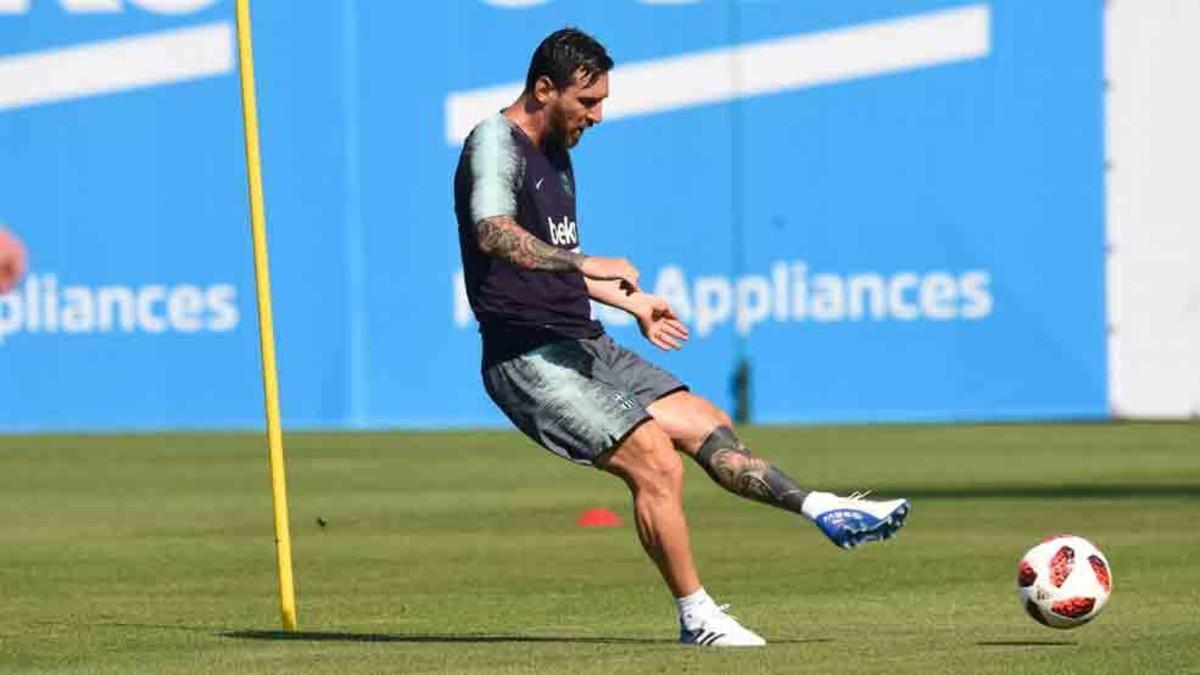 Leo Messi durante la sesión de entrenamiento de este miércoles