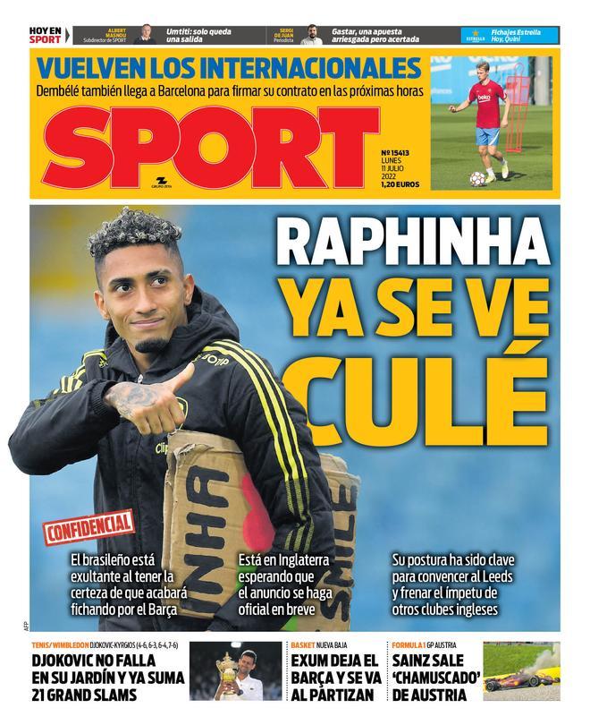 Esta es la portada de SPORT, hoy lunes 11 de julio de 2022